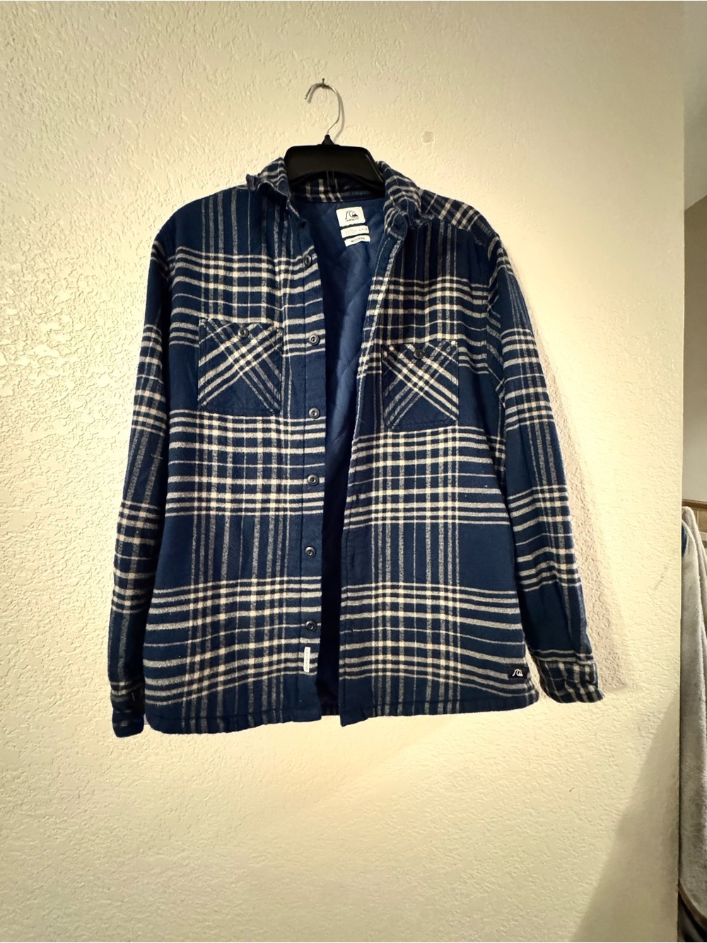 Quiksilver Men's Blue and White Plaid Hooded Shirt Jacket